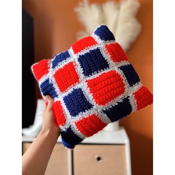 Vintage Granny Afghan Style Square Throw Pillow Knit Petite 1970s - Picture 6 of 9